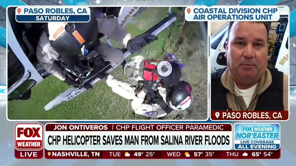 CHP Flight Officer Jon Ontiveros explains to FOX Weather how one man was lifted to safety after his vehicle was washed away by the flooded Salinas River.  