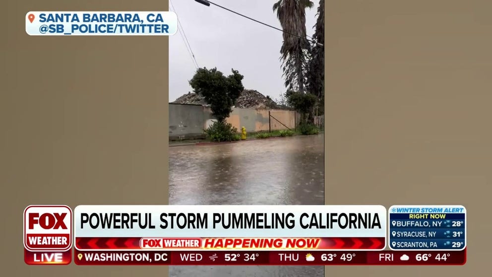 A powerful storm brings heavy rain to the Golden State. Video shows street flooding in Santa Barbara, California.