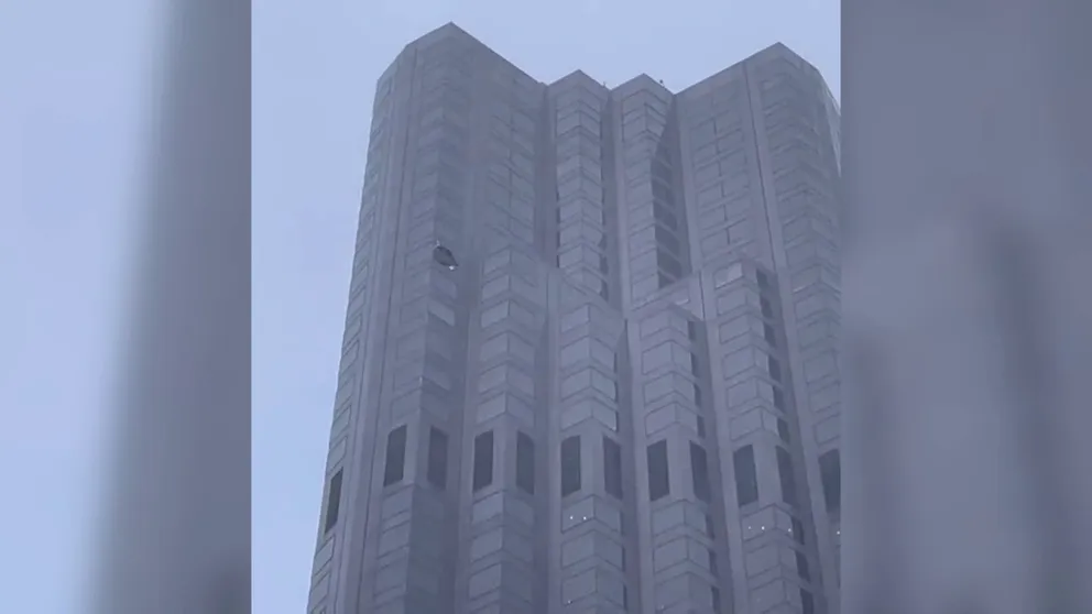 Two windows were damaged and one was completely broken out from a high rise building in San Francisco due to strong winds during an atmospheric river storm on Tuesday. 