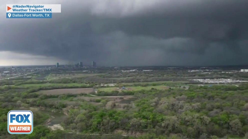 Drone video captures storms moving through the Dallas-Fort Worth area of Texas on Thursday. (Credit: NaderNavigator/Weather Tracker/TMX)