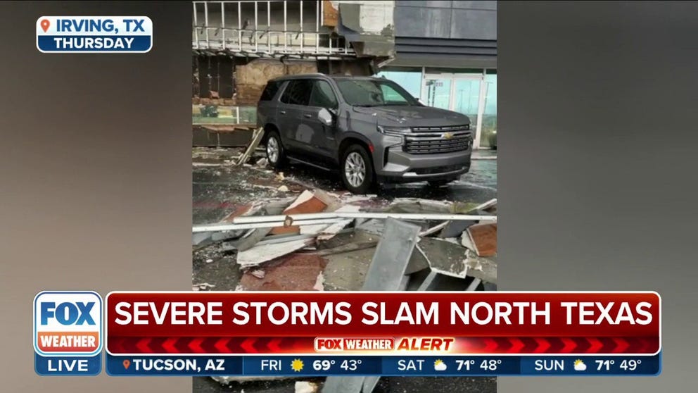 Severe storms rumbled through North Texas and southern Oklahoma on Thursday, producing upwards of baseball-sized hail and gusty winds leaving some damage. 