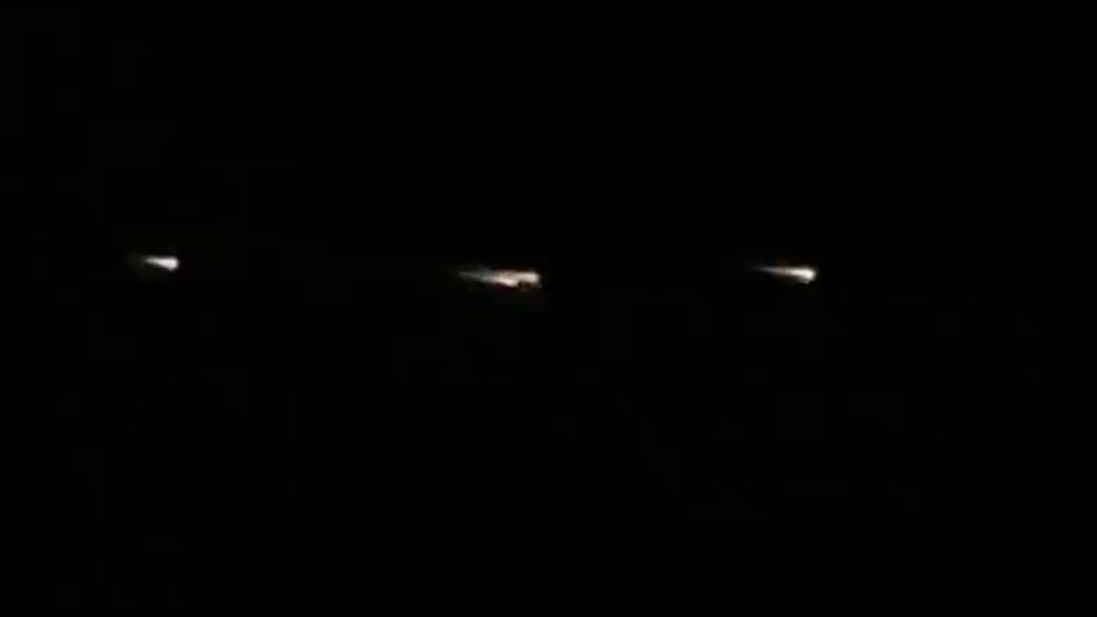 A most peculiar sight lit up the sky Friday evening. Video shared with FOX 2 in San Francisco shows a parade of "strange lights" slowly streaking across the sky. 