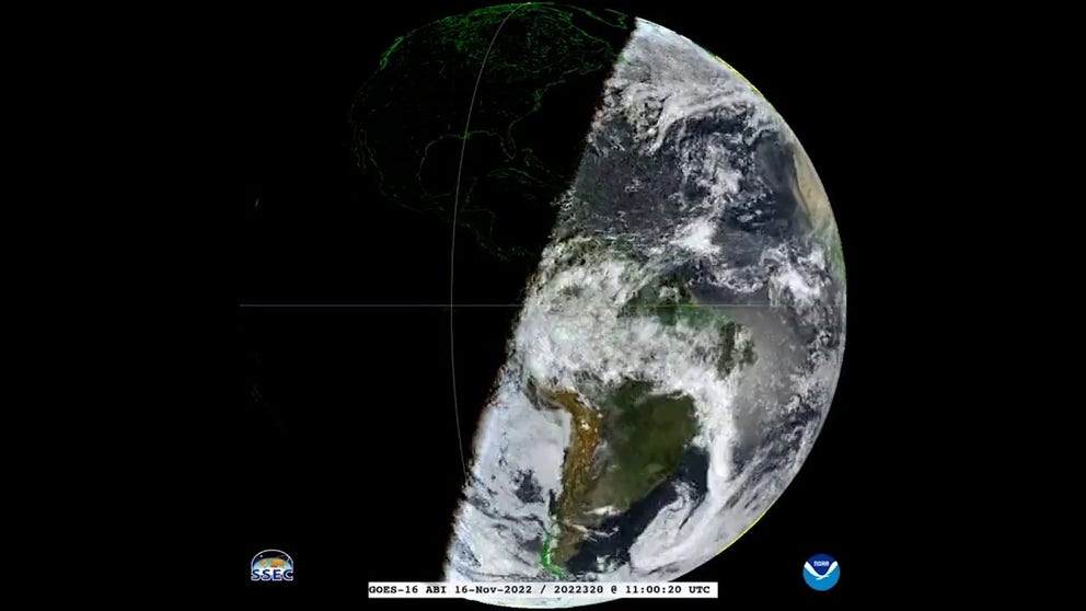 A distinct line separating daylight and the dark of night tilts back and forth. This demonstrates how, as our planet orbits the sun, the angle at which the sun shines on it changes. (Courtesy: NOAA)