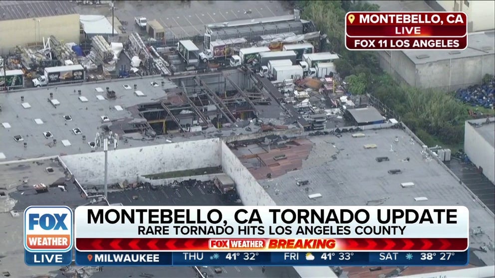 A tornado caused significant damage to buildings across Montebello, California on Wednesday. FOX Weather correspondent Max Gorden said one business owner had the building door ripped out of his hands when the twister struck.