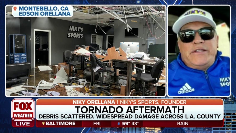 Niky's Sports Founder Niky Orellana recounts the moments when a tornado ripped through the family-owned business warehouse and caused significant damage to the building. 