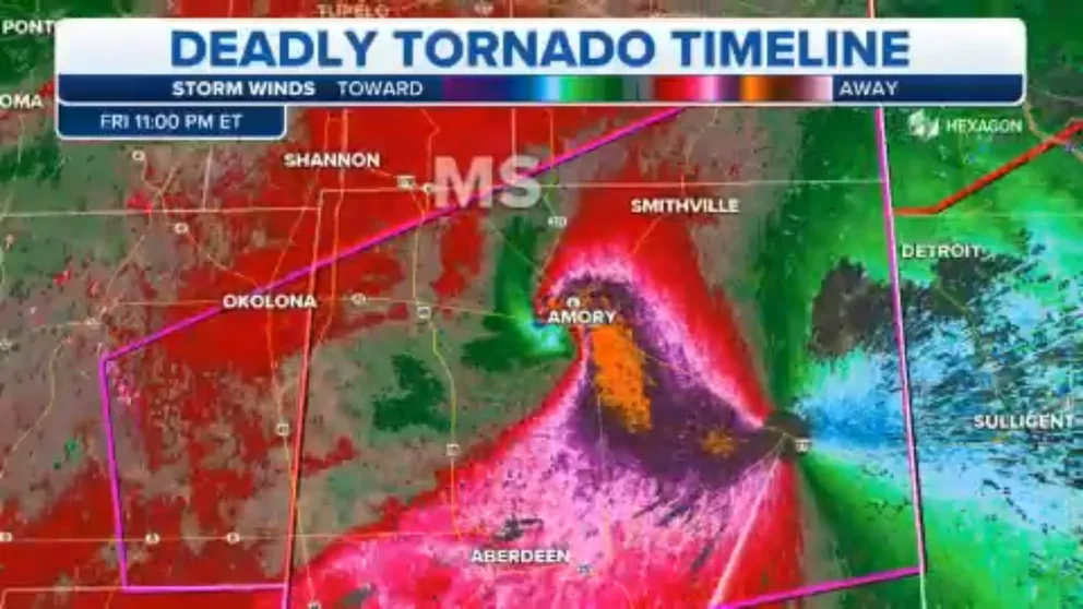 Doppler radar shows the entire 100+ mile long path of a massive tornado that killed several people in Mississippi Friday night. 