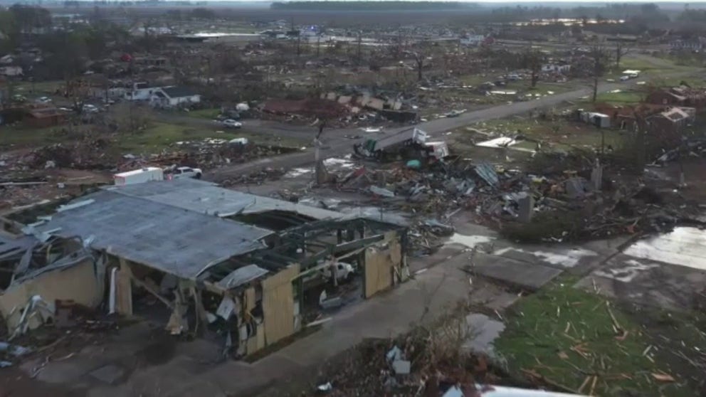 Aerial view reveals scope of damage in Rolling Fork, MS from massive tornado that hit Friday night. 