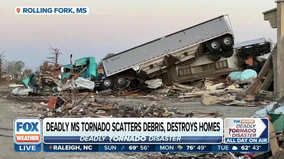 FOX Weather's Robert Ray provides a firsthand look at what he describes as "mass destruction" in Rolling Fork, Mississippi, following Friday night's devastating EF-4 tornado.