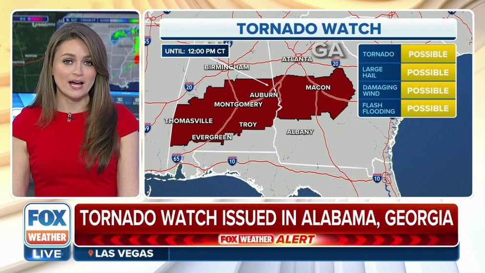 A Tornado Watch has been issued for central and southern Alabama and Middle Georgia until 1 p.m. EDT on Sunday.