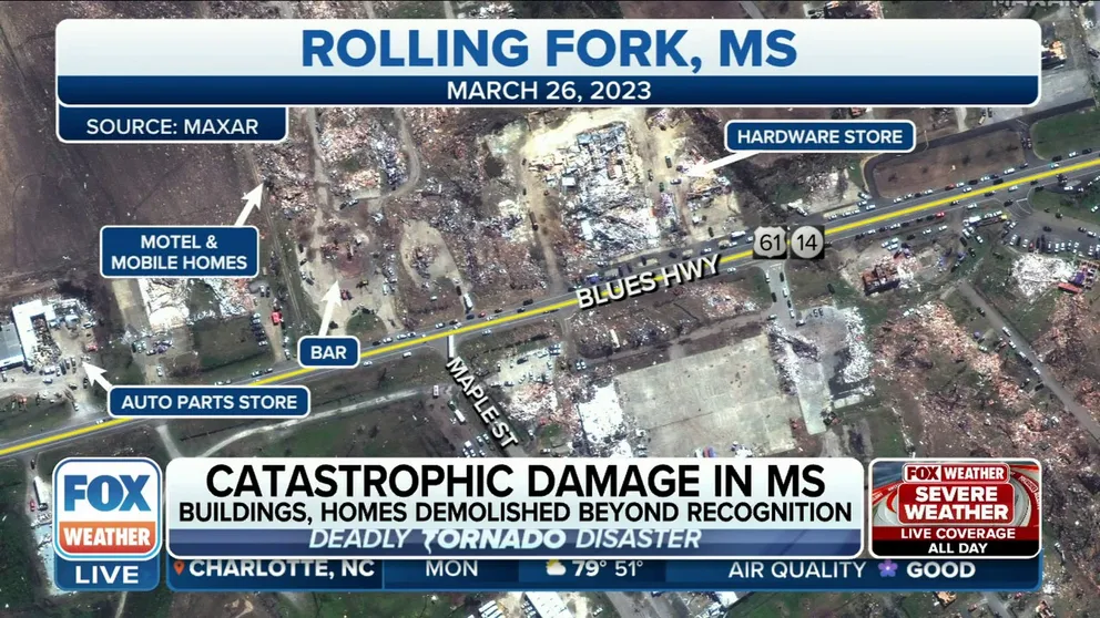 Heartbreaking before and after images show the catastrophic tornado damage in Rolling Fork, Mississippi.