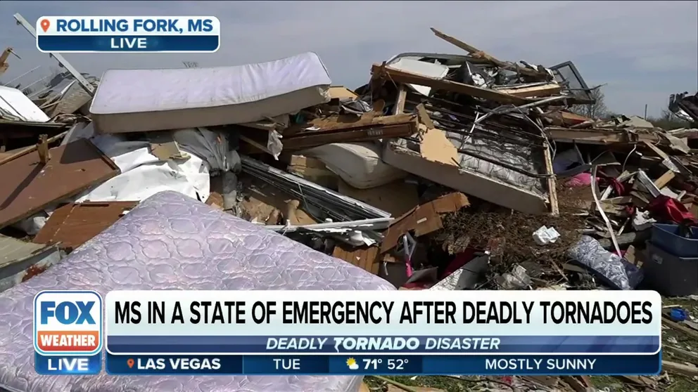 FOX Weather multimedia journalist Katie Byrne shows scenes of devastation in Rolling Fork, Mississippi days after a deadly tornado left homes in pieces. 