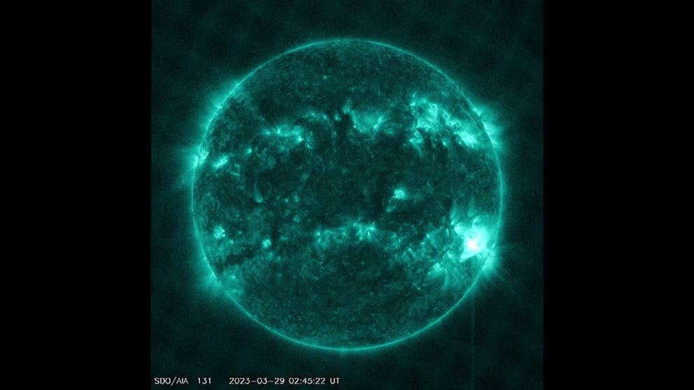 Imagery from NASA’s Solar Dynamics Observatory captured imagery of a powerful solar flare bursting from the sun. (Courtesy: NASA SDO)
