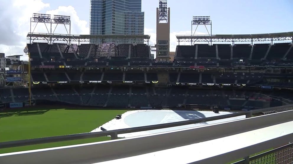 The San Diego Padres have pushed back the start time of its inaugural game with the Colorado Rockies from 1:10 p.m. to 6:40 p.m. to avoid rain impacts. FOX 5 San Diego reporter Heather Lake on how field crews work to prevent damage. 