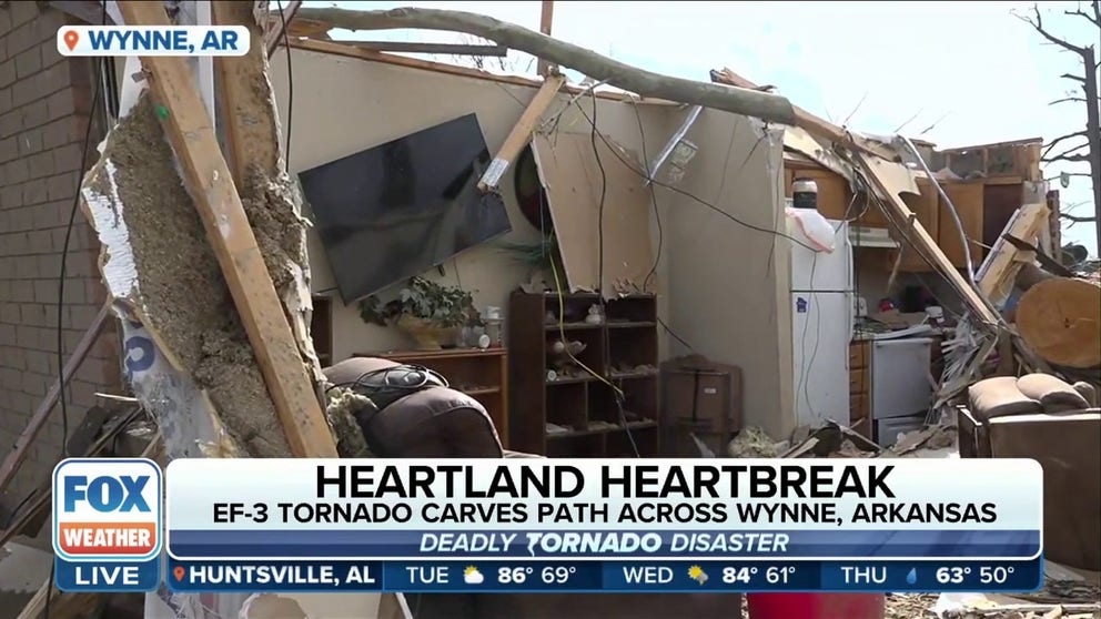 Fox News multimedia reporter Madison Scarpino shows the destruction inside a Wynne, Arkansas duplex that was sliced in half by a tree during a powerful tornado. 