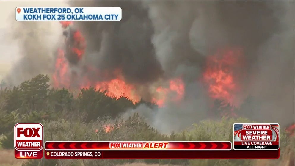 Flames spread quickly in Weatherford, Oklahoma during gusty winds and dry conditions. 