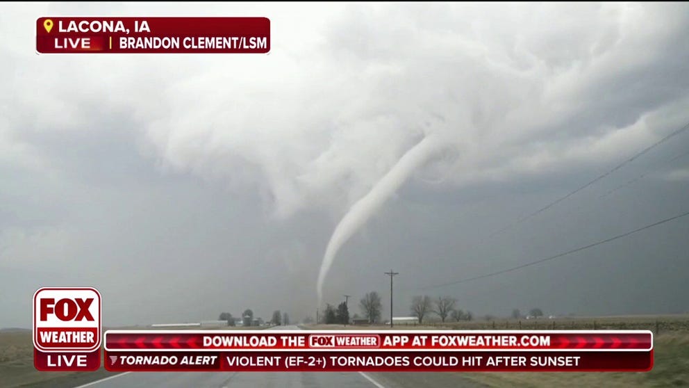 Storm tracker Brandon Clement captured a rope tornado moving through Lacona, Iowa on Tuesday evening.