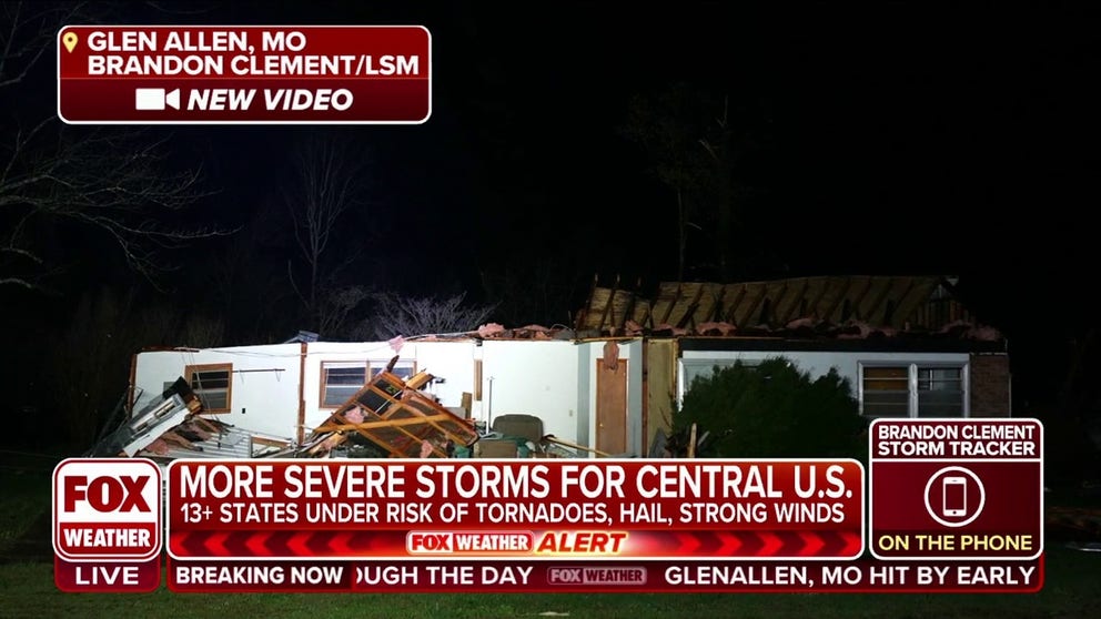 Storm tracker Brandon Clement captures damage in Glenallen, MO after an overnight tornado destroyed homes and businesses and he says a couple of people were taken to the hospital with injuries. 
