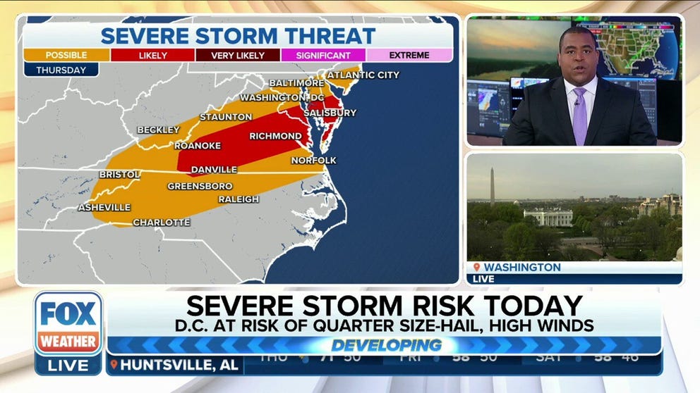 Damaging winds, tornadoes, and hail are all possible as severe storms move along the I-95 corridor into Virginia, Maryland, and North Carolina.