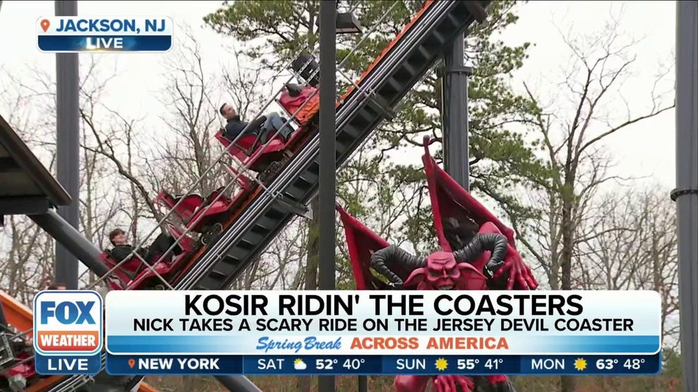 FOX Weather's Nick Kosir joins thrill seekers for a ride on the Jersey Devil Coaster in Jackson, New Jersey.