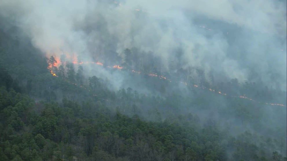 An aerial view shows a raging wildfire burning in Manchester Township, New Jersey. 