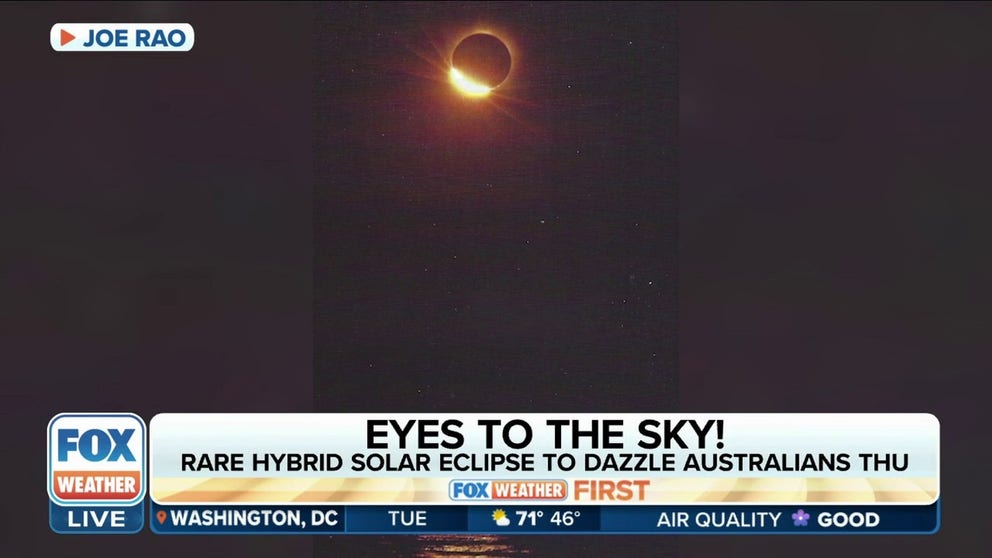 Skywatchers are in for a treat on Thursday as a hybrid solar eclipse will plunge people into darkness on the other side of the world. Joe Rao, Associate Astronomer at Hayden Planetarium, joined FOX Weather to talk about the rarest of all solar eclipses. 