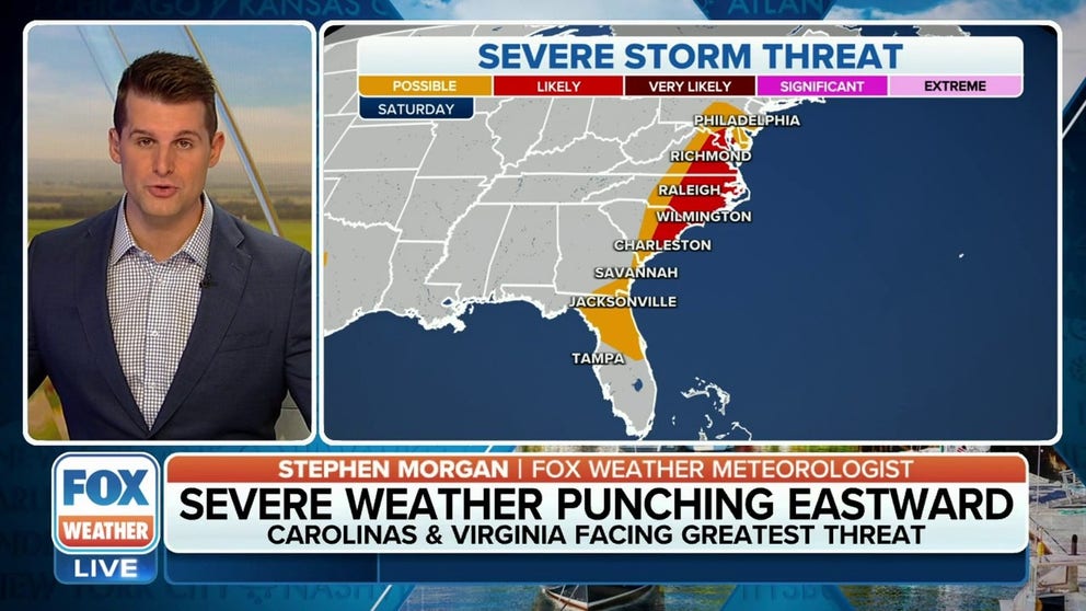 The FOX Forecast Center is tracking the threat for storms to produce hail and damaging winds on Saturday along the Eastern Seaboard.
