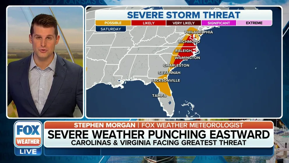 The FOX Forecast Center is tracking the threat for storms to produce hail and damaging winds on Saturday along the Eastern Seaboard.