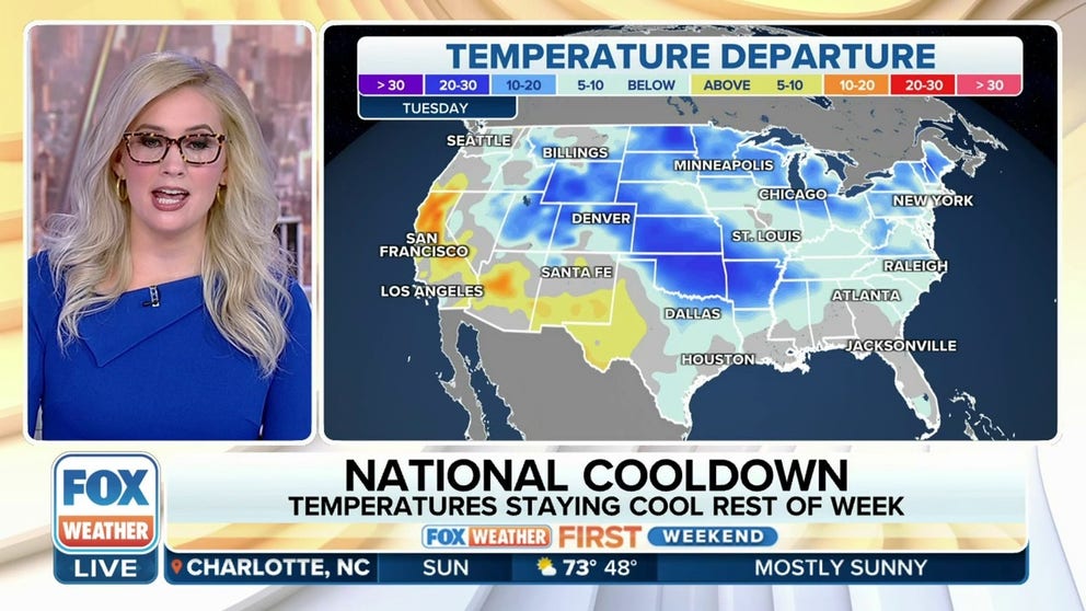 The cold front moving eastward that has already dropped temperatures across the central U.S. will ease the recent warmth across the eastern U.S. this weeend, eventually clearing the East Coast by Sunday. Once the cold front exits the Eastern Seaboard, most of the Lower 48 will enjoy a week of cooler-than-average temperatures due to the change in the jet stream pattern. A large dip in the jet stream will allow multiple weather systems to swing across the U.S., keeping temperatures relatively cool.