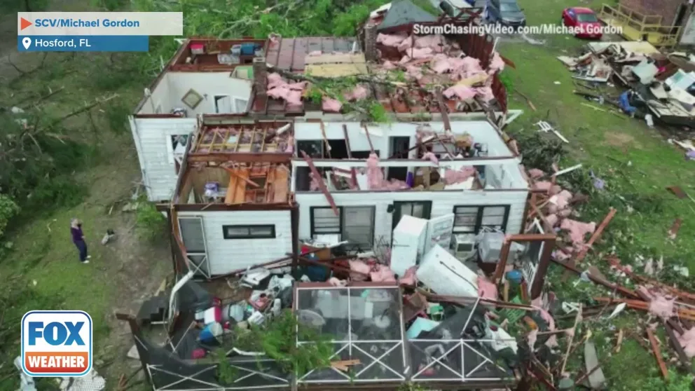 Drone video shows the aftermath of the tornado that hit the town of Hosford, Florida. The observed tornado snapped trees and destroyed homes. (Credit: SCV/Michael Gordon)