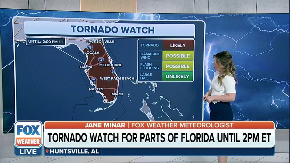A Tornado Watch has been issued for much of the Florida Peninsula and Florida Keys until 2 p.m. EDT as this weekend's second round of severe storms slides across the Sunshine State on Sunday.