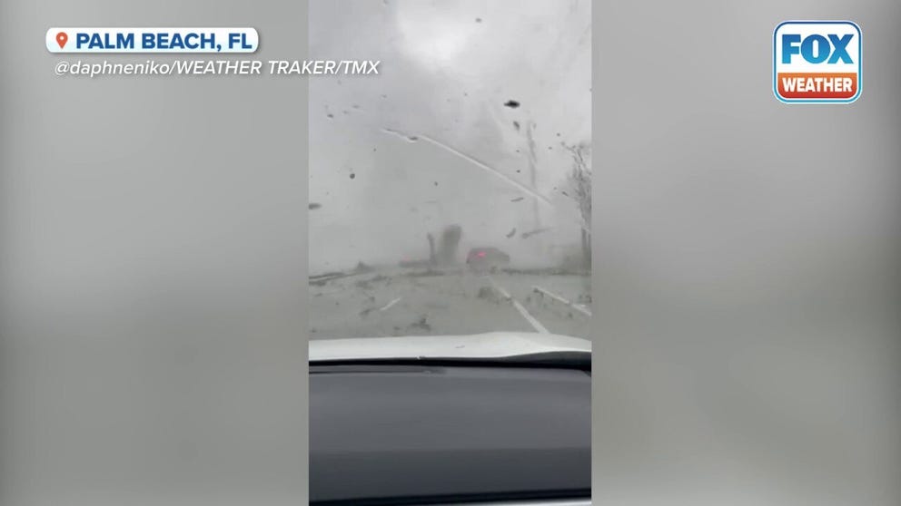 A video recorded in Palm Beach, Florida, shows a tornado tossing a car into the air on Saturday, April 29, 2023.