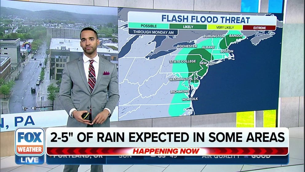 The weekend washout will continue on Sunday with heavy rain leading to flooding concerns in the Northeast and New England white forecasters keep a close eye on the possibility of strong to severe thunderstorms in the mid-Atlantic.