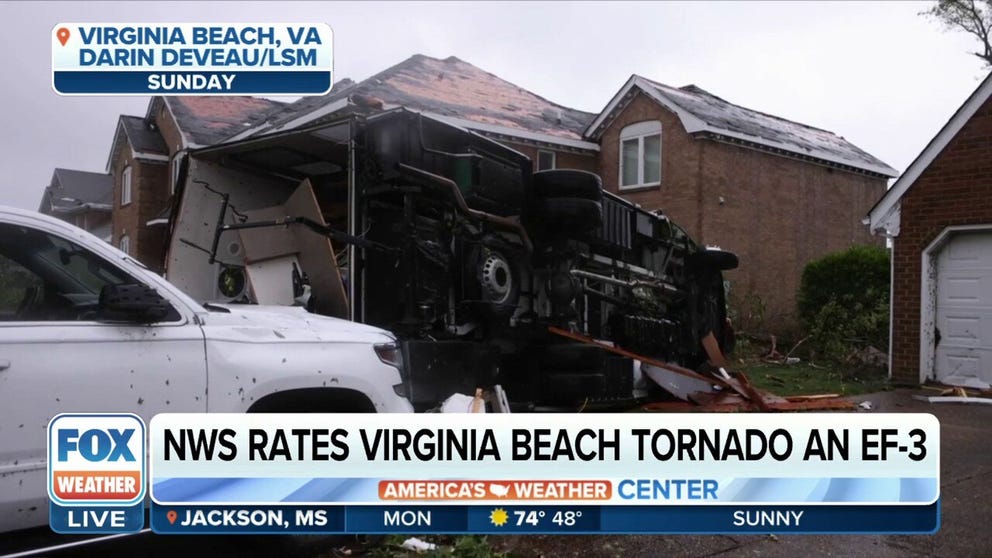 A tornado that ripped through Virginia Beach on Sunday has been given an EF-3 rating. This is the first EF-3 tornado on record in the city of Virginia Beach.