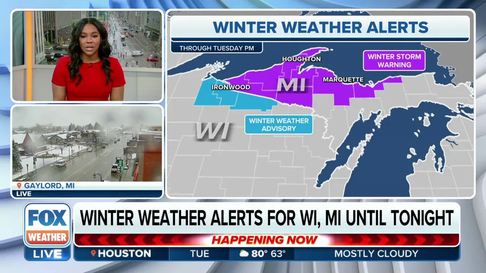 Winter Weather Alerts are in place for Wisconsin and Michigan until Tuesday night. Marquette, Michigan recorded its snowiest May day on record Monday.