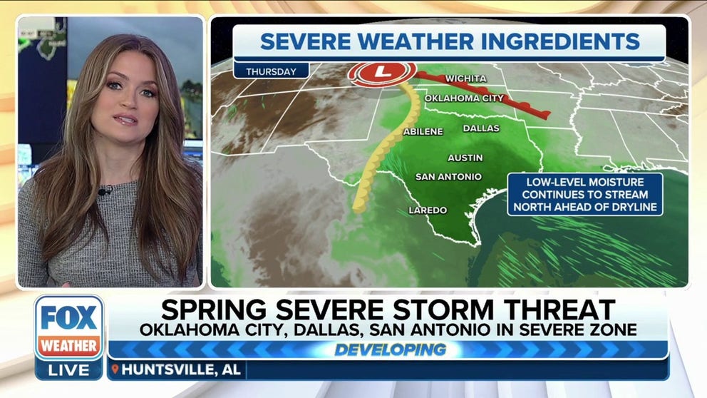 The FOX Forecast Center is tracking the continued threat of severe thunderstorms over the southern Plains as we move into late week with the greatest threat of hail, damaging winds and even a tornado expected on Thursday.