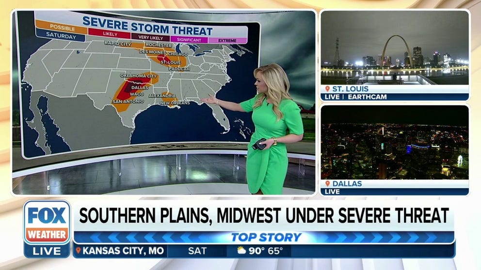 Areas such as Dallas and St. Louis are at risk for storms on Saturday.