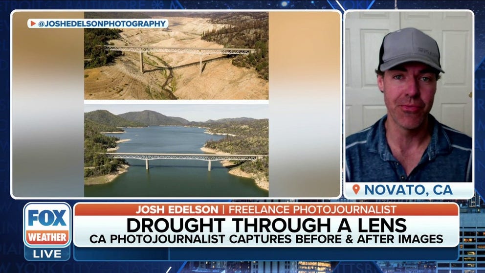 California photojournalist Josh Edelson captured stunning images of Lake Oroville before and after the extremely wet winter of 2023. Edelson noted that California's reservoirs were bordering on empty in 2021 compared to this spring when water was released from reservoirs in preparation for more rain.