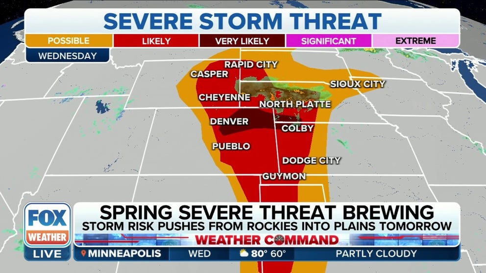 Severe weather is expected in the central U.S. again on Wednesday, with the main threat centered over the central Plains, placing the Denver metro area at a significant risk of large hail, damaging winds and a few tornadoes.