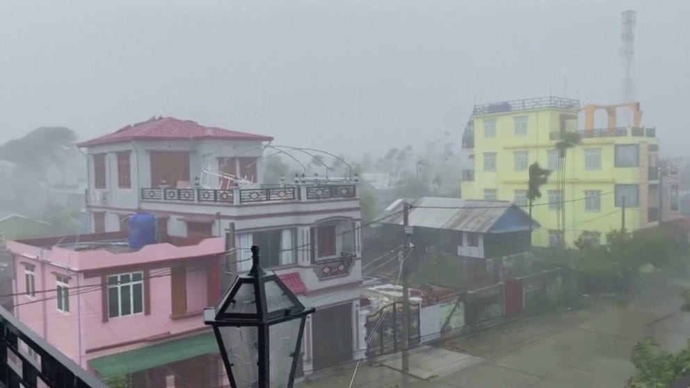 Video from Myanmar shows whipping winds, trees swaying and debris filling the air as powerful Cyclone Mocha made landfall on Sunday afternoon local time.