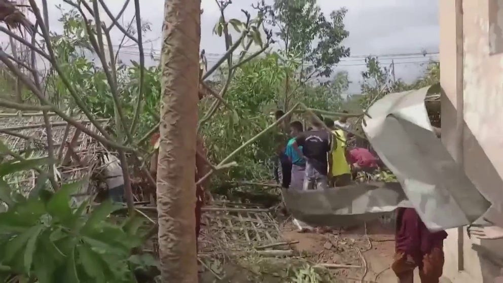 Footage shows damaged buildings and debris across a town in Myanmar’s western Rakhine state on Monday, one day after Cyclone Mocha made landfall. The roofs of some buildings belonging to a local monastery appeared to have been completely destroyed by the cyclone’s powerful winds. Residents along city streets could be seen removing debris and repairing damaged buildings.