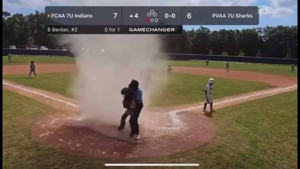 An umpire saves the day when a massive dust devil forms over home plate during a kid baseball game, swallowing the dazed catcher in a whirlwind of dust until the umpire comes and pulls him free.