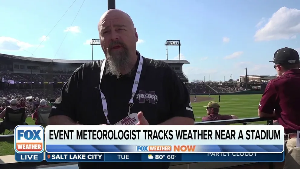 Mississippi State University event meteorologist Mike Brown explains the process of monitoring severe storms in and around the stadium so fans and baseball players can avoid being caught in stormy weather. 