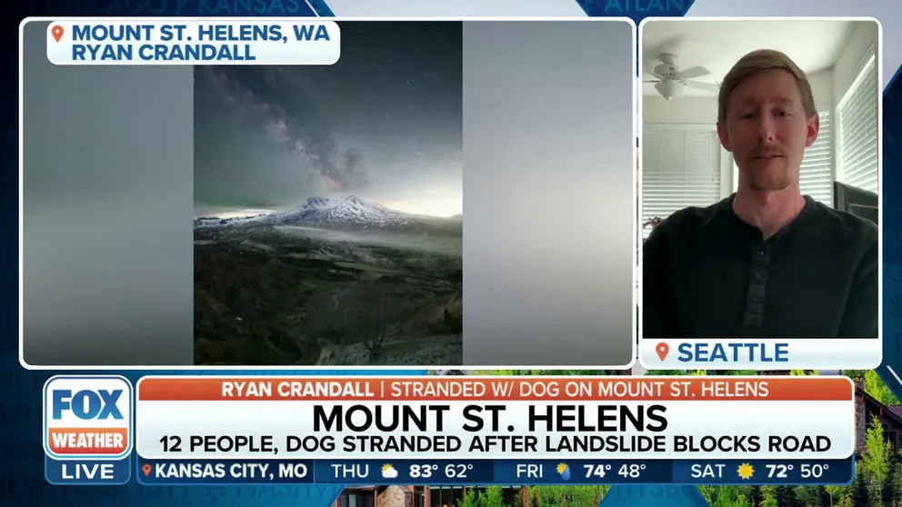 Washington State resident Ryan Crandall and his dog Nalu became trapped after a massive landslide washed away parts of a highway road near Mount St. Helens in Washington State earlier this week. Crandall joined FOX Weather to share his experience and photographs of the volcano. 