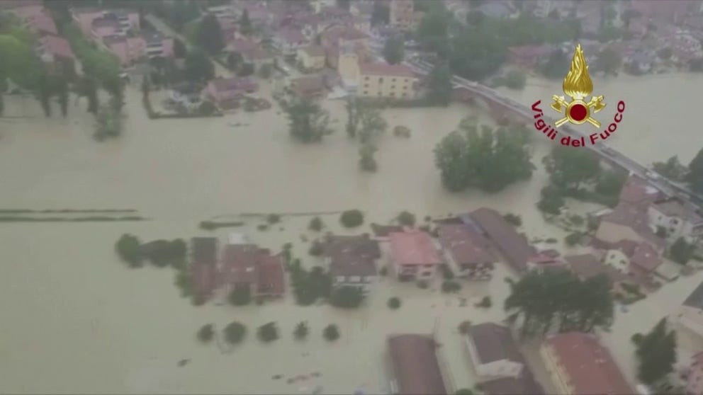 Aerial video from the fire brigade shows rivers expanding over towns and cities. Heavy rains also triggered landslides that blocked roads and prompted evacuations.