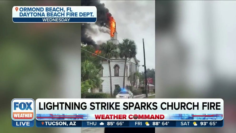 A lightning strike sparked a small fire at a historic church in Florida Wednesday afternoon as storms passed through the area. FOX 35 Orlando reporter Amanda McKenzie has the latest from Ormond Beach, FL. 