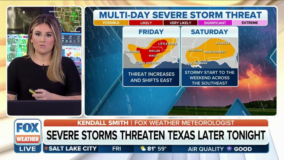 On Friday, the cold front is expected to stretch roughly from Michigan into Southern Texas. The severe weather threat is expected to increase across the Southern Plains Friday, as severe storms with damaging winds, large hail, and a couple of tornadoes will be possible.