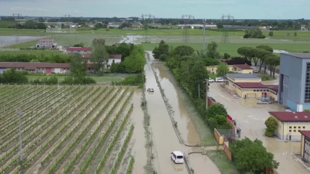 Devastating Italian floods have killed at least nine people in Italy's northern Emilia-Romagna region. Drone footage on Thursday shows ruined farms left behind from the floods.