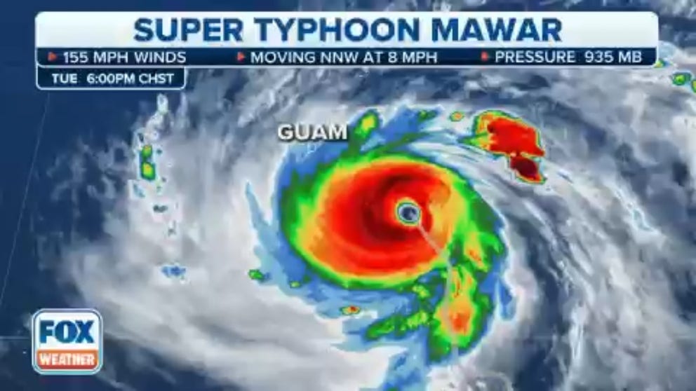 Watch as Typhoon Mawar weakens and makes a critical jog in its path just before it strikes Guam on Wednesday.