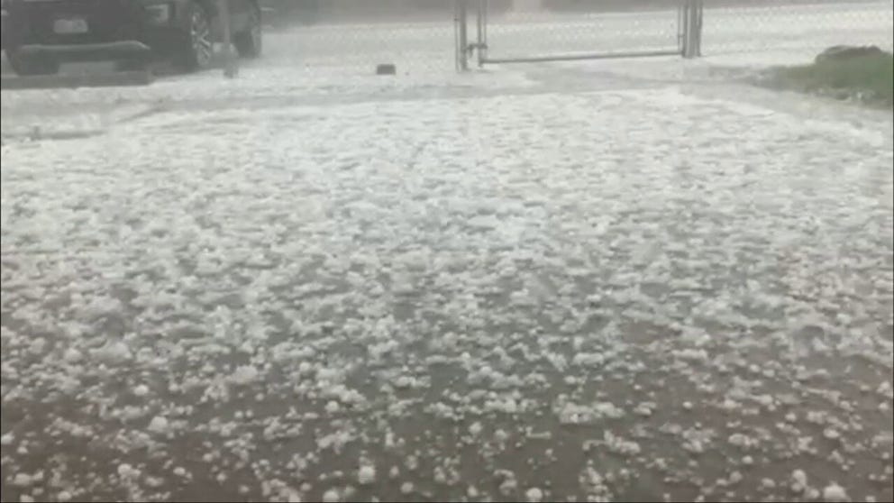 Large amounts of hail covered the ground in Colorado Springs, Colorado on Friday.