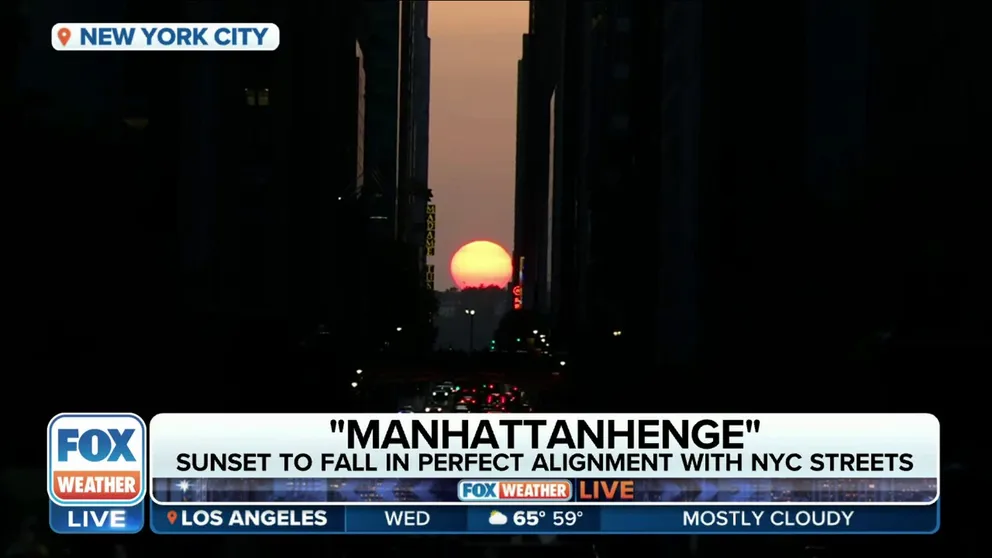 FOX Weather's Nick Kosir talks to people gathered to capture an image of "Manhattanhenge" as the phenomenon unfolds.